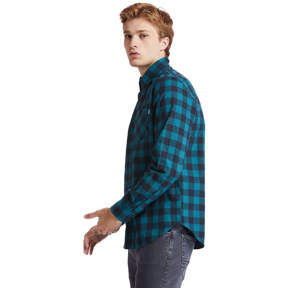 Camisa Timberland Hombre Nashua River Long-Sleeve Flannel Check Azules/Negras - Chile YOL-350198